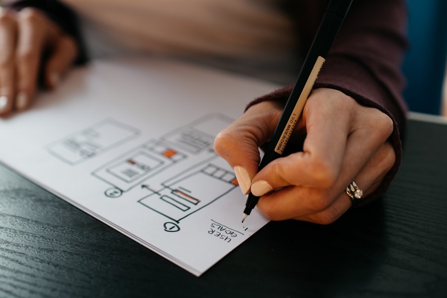 Developer reviewing mobile app wireframes on a desk