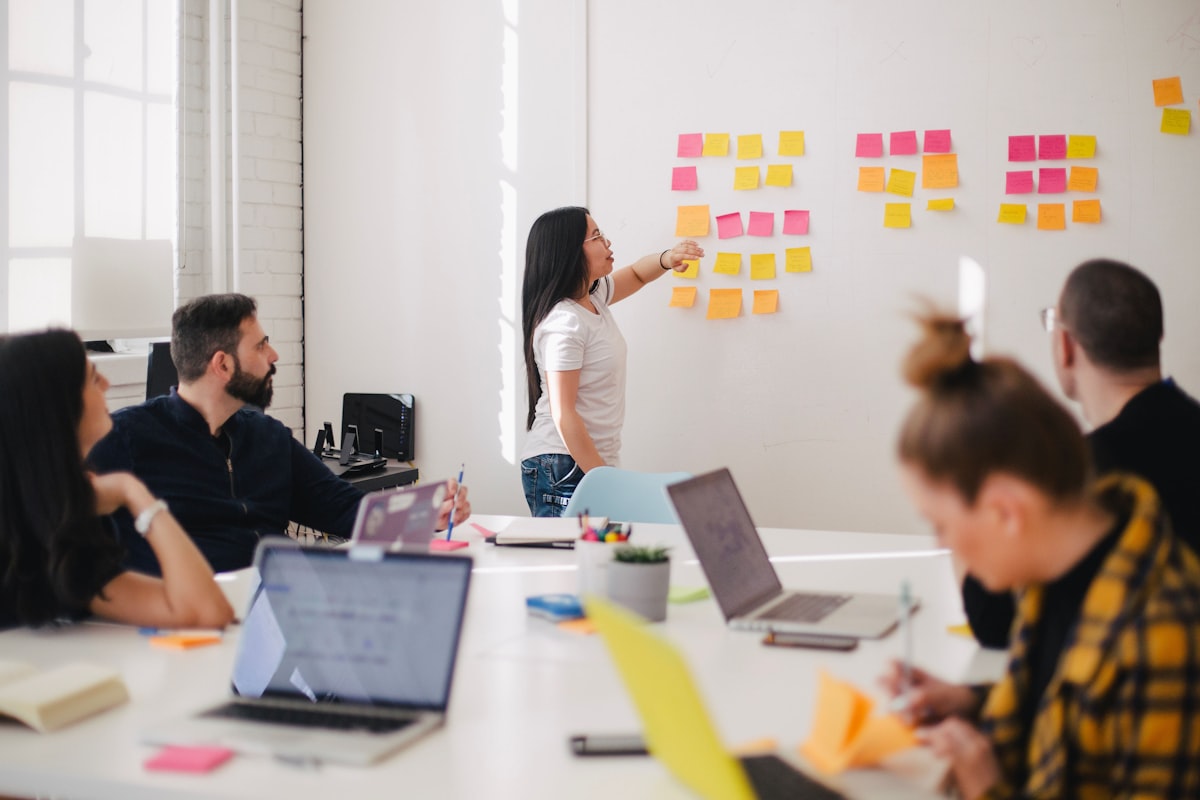 Startup team planning a product around a table